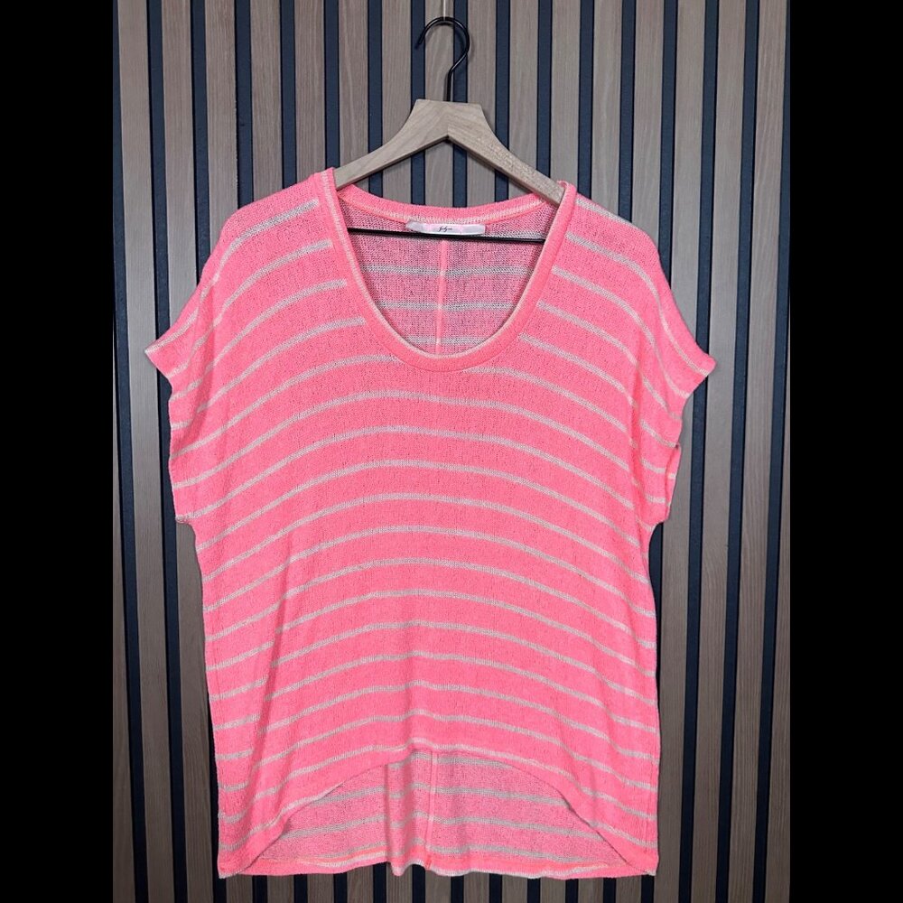 Gibson Top OS Womens Pink Ivory Striped Round Neck High Low Crotchet